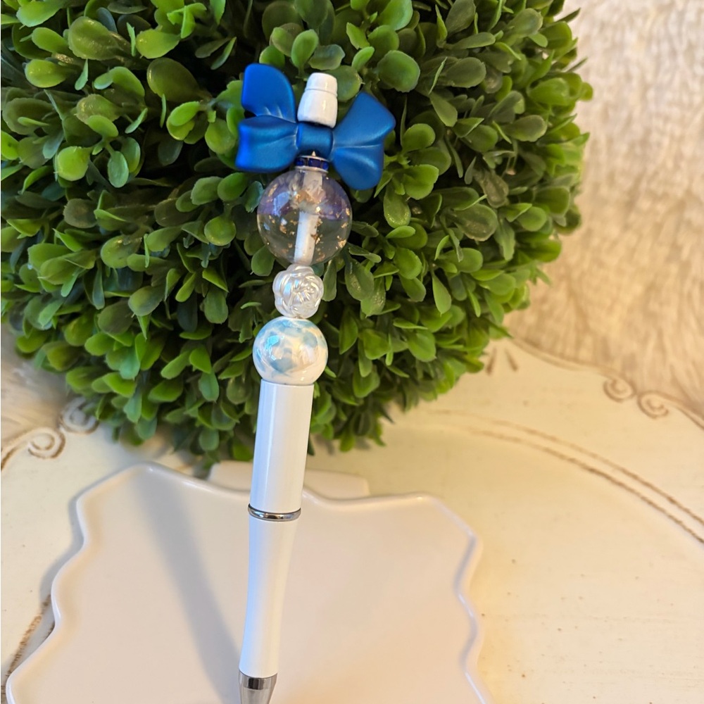 Handmade White  beaded Pen with blue bow bead Accents